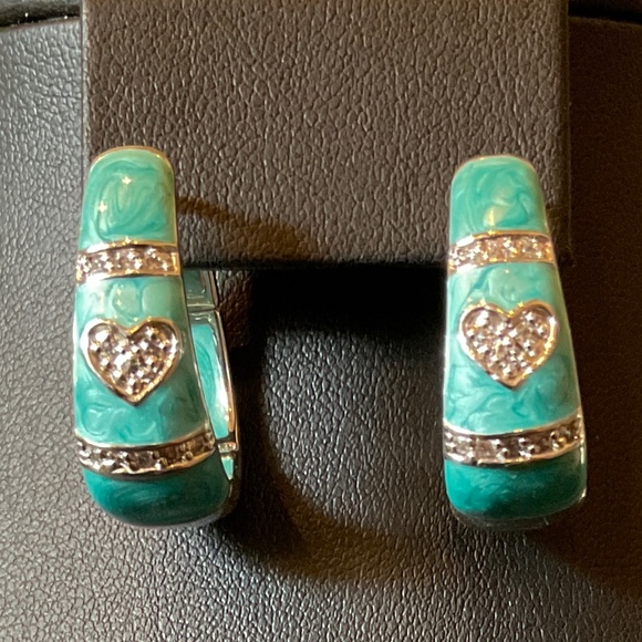 Lauren G Adams Enamel Turquoise and Crystal Hearts Earrings - Picture 1 of 5